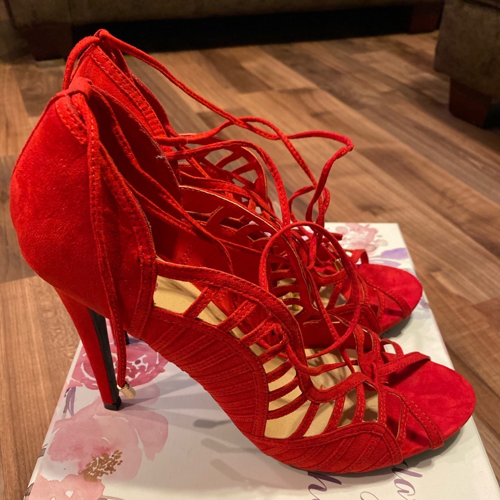EUC JustFab Faux Suede Red Strappy Heels - Size 11